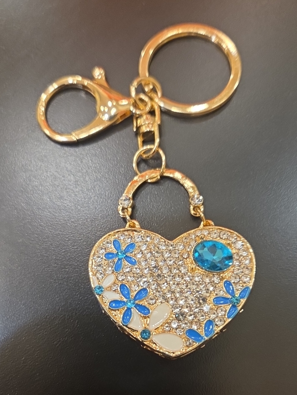 HEART Keychain Gold Tone With Diamond Crystals And Blue Rhinestones And Flowers